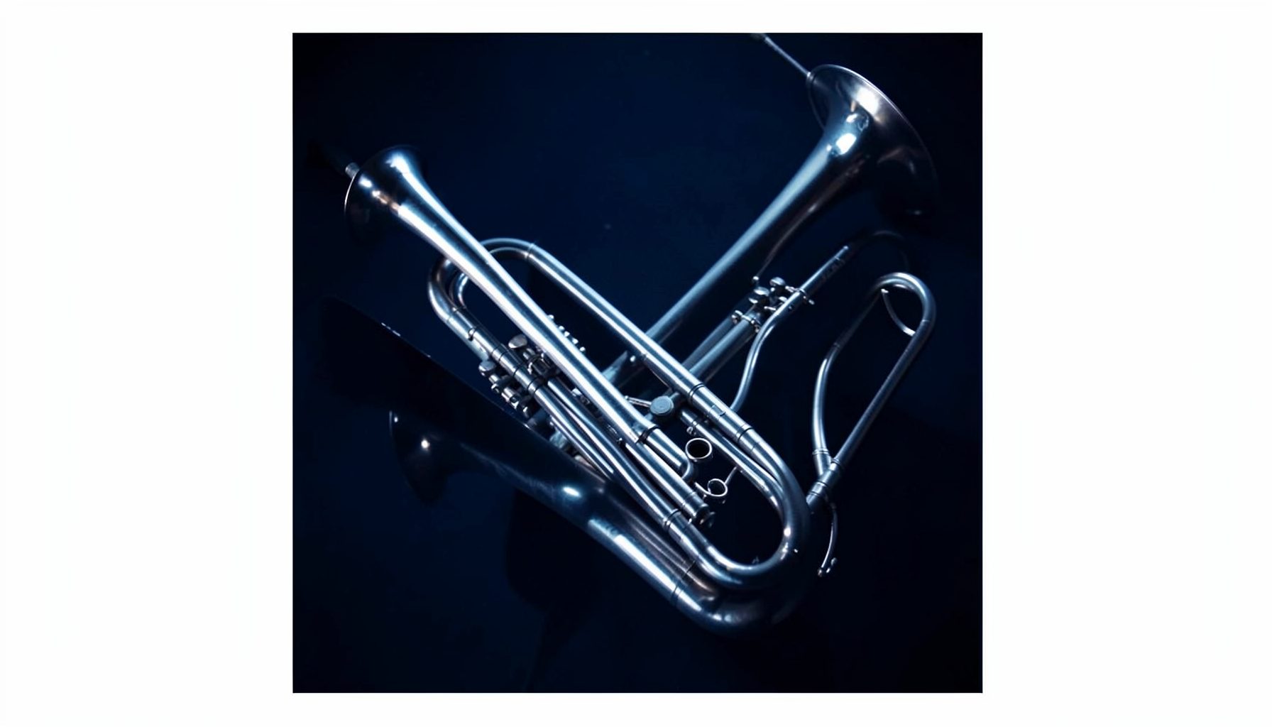 A dramatic orchestral album cover in deep navy blue and silver, with sweeping brass instrument silhouettes