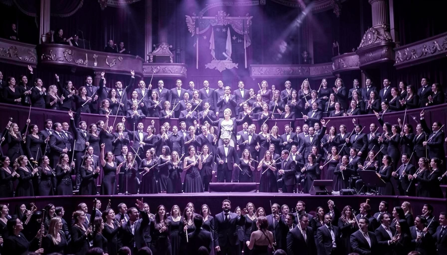 A grand choral symphony cover in deep purple and silver, with layered vocal and orchestral textures