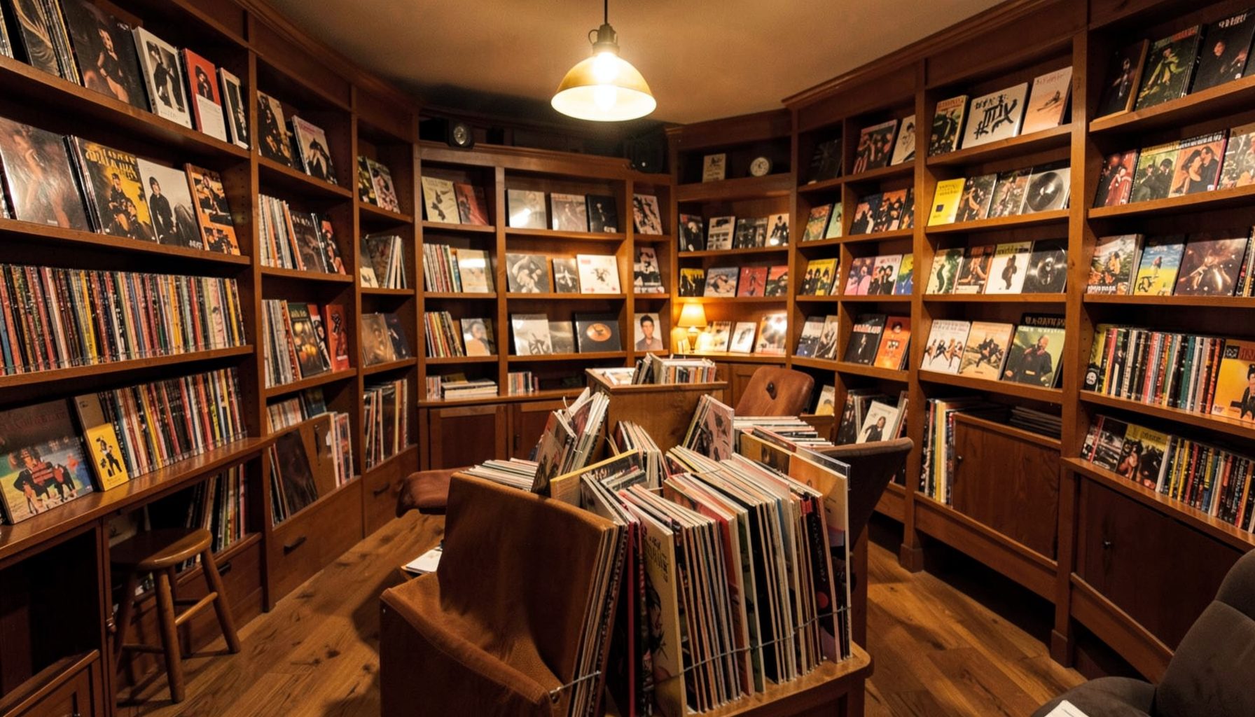 Warm interior of a music shop with shelves of CDs and vinyl records, soft amber lighting, rich wood tones, and a calm inviting atmosphere