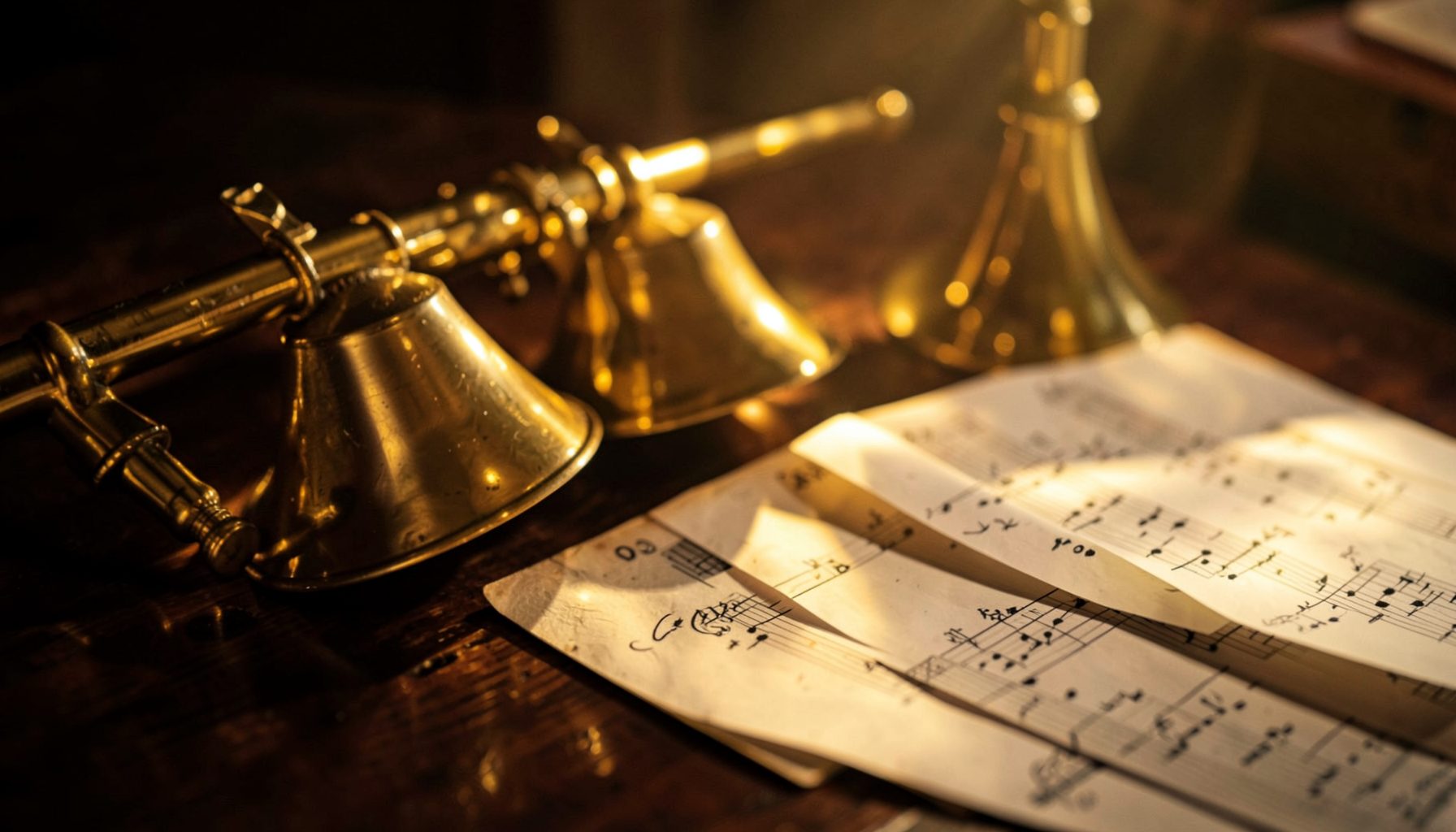 Warm golden light falling across brass instrument bells and sheet music on a dark wooden surface, evoking a reverent and uplifting atmosphere