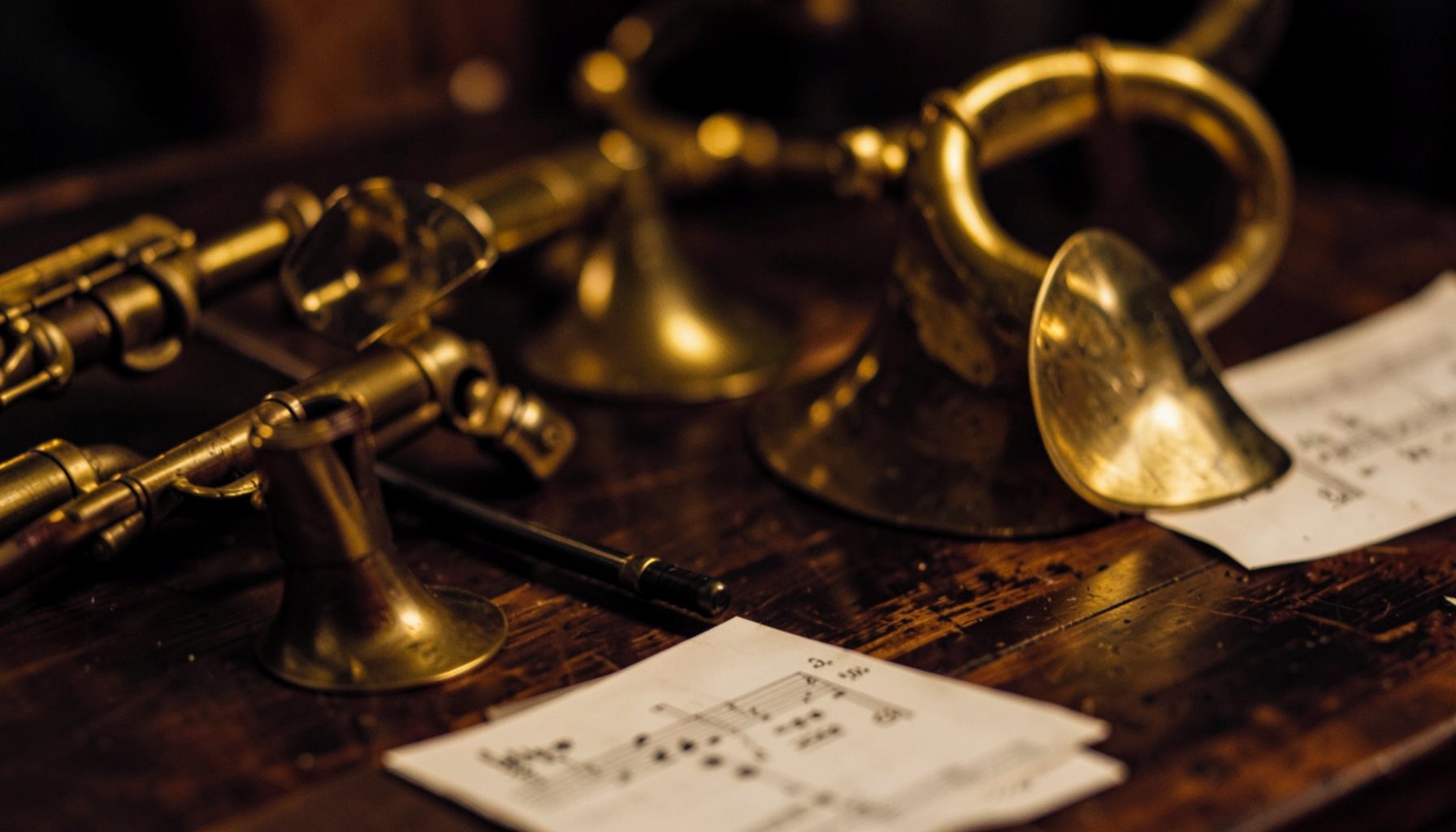 A warm, softly lit close-up of brass instrument bells and sheet music on a dark wooden surface, deep browns and gold tones with a reverent, quiet atmosphere