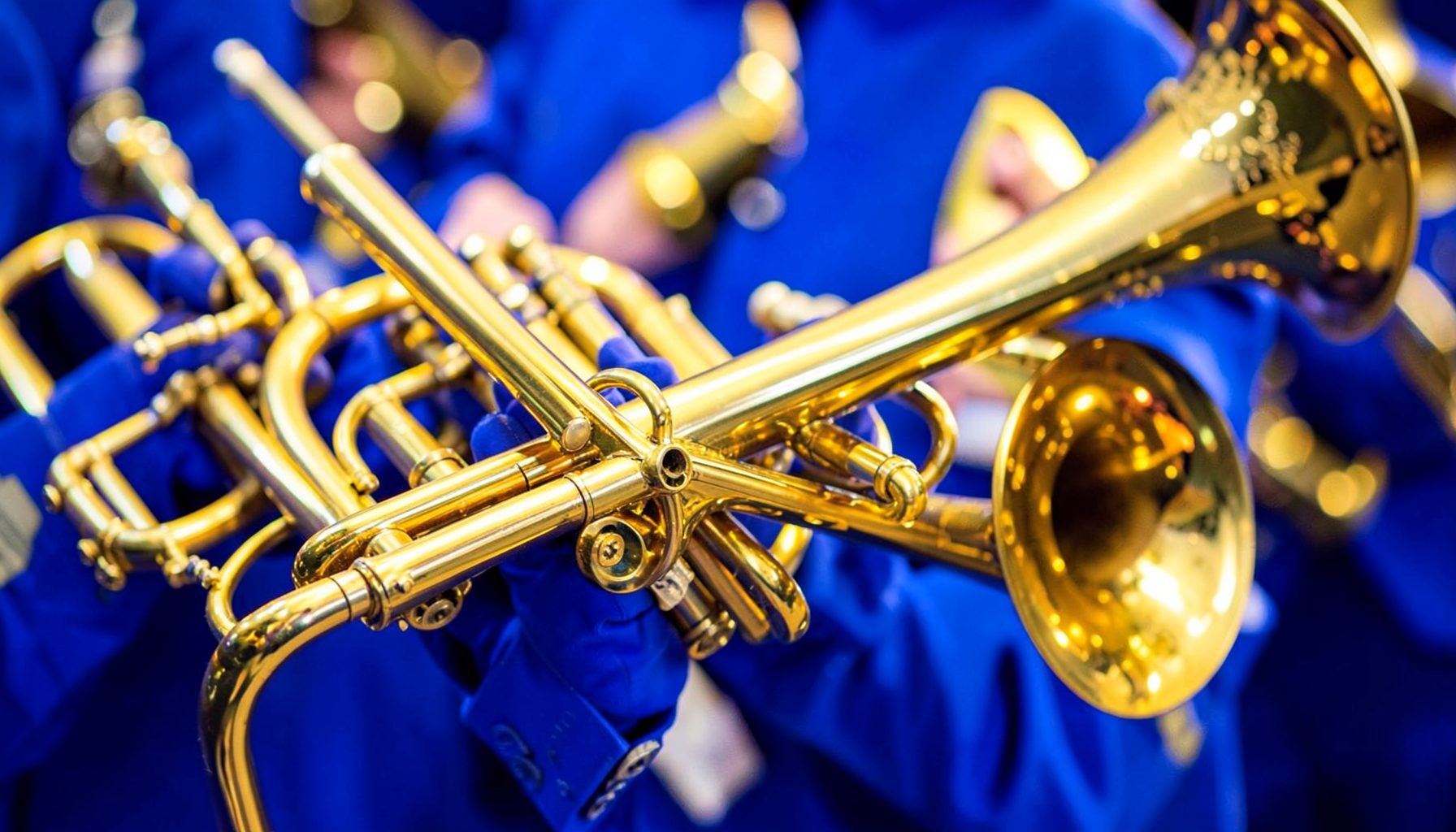 A joyful brass band album cover in bright gold and royal blue, with trumpet bells gleaming in the light
